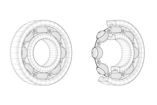 Set of Drawing Lines Ball Bearings with One Cut Outed Where Visible the Inner Parts. 3d Rendering