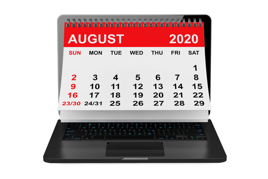 August 2020 calendar over laptop screen. 3d rendering