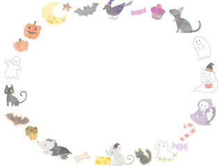 水彩風のかわいいハロウィーンのフレーム(白バック)