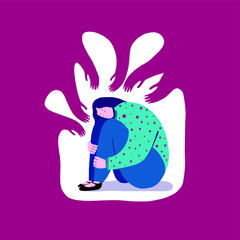 Young female character having a panic attack, a monster imaginary of shadow silhouettes, mental health issues, psychology. Flat vector illustration