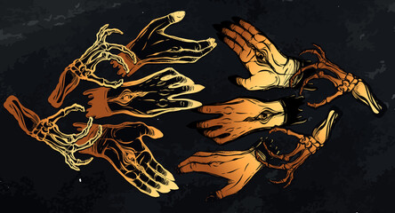 Vector illustration. hands with eyes, mysticism, prints on T-shirts, tattoos. Handmade. background chalkboard, gold color
