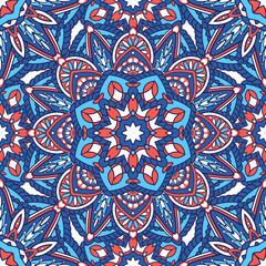 Seamless oriental pattern. Geometric tiles with mandala. Vector laced Persian carpet. Indian, Arabic festival style floral ornament. Bandanna shawl, tablecloth fabric print, scarf, kerchief design