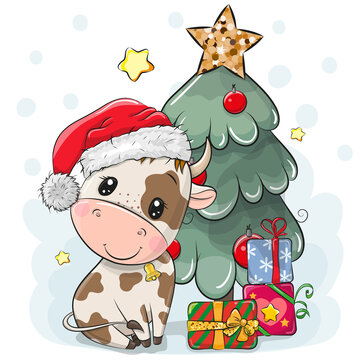 Cartoon Bull is near the Christmas tree