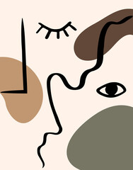 Abstract line drawing eyes, nose illustration. Modern minimalist art. Abstract shapes art.