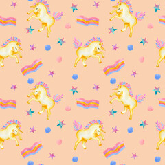 Fototapeta na wymiar Gold unicorn, colorful stripes, stars and spots. Seamless pattern. Watercolor hand painted. Perfect for printing on to fabric, design packaging and cover.