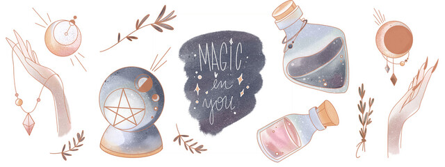 Elegant magic inscription magic in you, hand, moon set isolate on a white background. Textural watercolor digital art. Tattoo print, sticker, postcard, social media post, packaging, brand