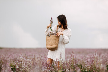 Young woman in white summer dress, collecting sage flowers in a big field, holding a wicker bag.