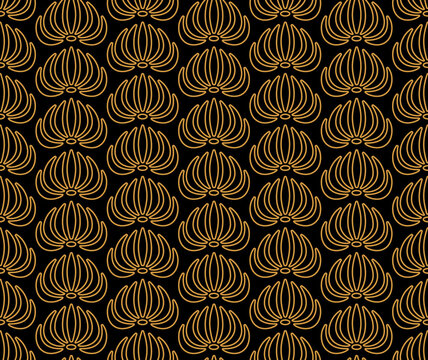 Golden floral pattern with Tropical leaves. Seamless vector texture. Motifs scattered random. Elegant template for fashion prints. Minimalist Black design with small gold flowers. Modern abstract