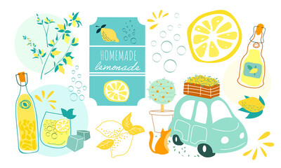 Juicy summer set with lemons and lemonade and limoncello vector illustration. Lemon slice, tag, bottles and italian car and cat 