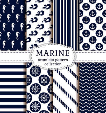 Set of sea and nautical backgrounds in dark blue and white colors. Sea theme. Seamless patterns collection. Vector illustration.