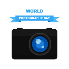 World photography day with the camera. Cartoon illustration.