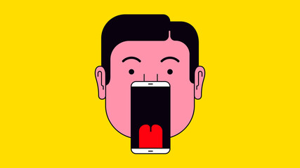 Man with smart phone as open mouth