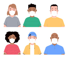 Group of people in face masks. Men and women wearing medical masks to prevent disease. Flat vector illustration