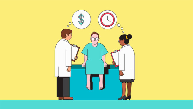 Doctors examining patient while thinking about time and cost