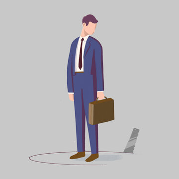 Saw cutting ground from under businessman's feet