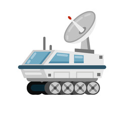 Rover. Fantastic car for exploring planet and space. Colonization and scientific research. White Martian Spaceship on wheels. Flat cartoon illustration. Space vehicle