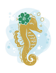 Simple illustration for kids, cute sea horse gold color painting