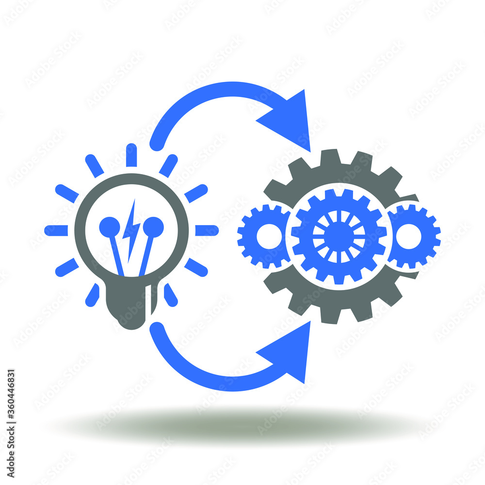 Poster implementation business industry logo. light bulb gears mechanism arrows round process icon vector.