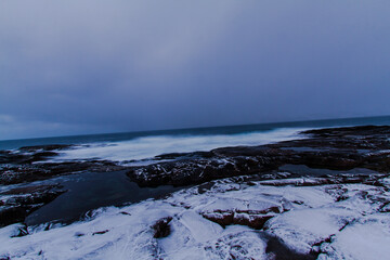 Winter view of the shore of the Arctic Ocean. General view of the day on the shore of the Arctic Ocean.