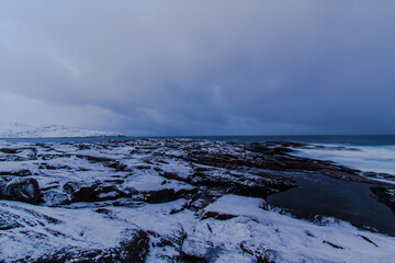 Winter view of the shore of the Arctic Ocean. General view of the day on the shore of the Arctic Ocean.