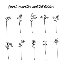Vector hand drawn set of  silhouettes of flowers or text separators collection