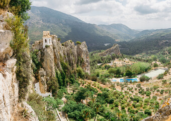 Fototapeta na wymiar Panorama of the mountain ranges, the Guadalest Valley and the Guadalest Castle. Guadalest. Alicante. Spain.