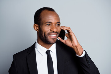 Close-up portrait of his he nice attractive chic classy cheerful guy recruiter partner talking on...