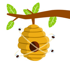 Hive. Yellow beehive. House of wasp and insect on tree. Element of nature and forests. Honey production. Branch with leaves. Flat cartoon illustration