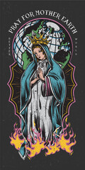 Fototapeta na wymiar pray for mother earth colored tattoo style illustration