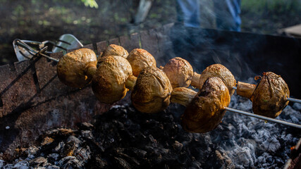 Grilled mushrooms on skewers cooked in a brazier, close-up