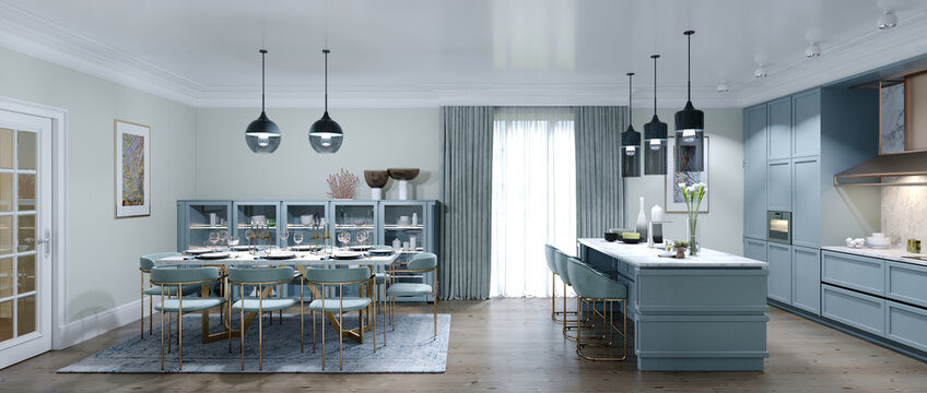Designer large kitchen with dining area in a trendy style, interior color faded coral.