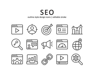 SEO icon set. Contains such Icons as search, engine, web and more  . Line style design. Vector graphic illustration. Suitable for website design, logo, app, template, ui. Editable stroke.