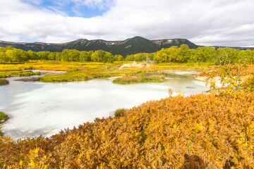 General view of the geyser valley in the afternoon