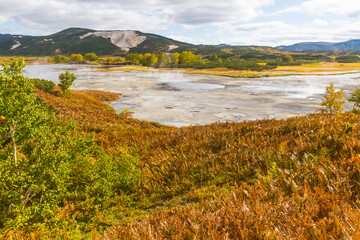 General view of the geyser valley in the afternoon