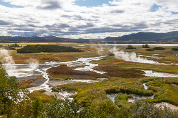 General view of the geyser valley in the afternoon