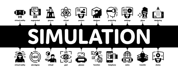 Simulation Equipment Minimal Infographic Web Banner Vector. Virtual Reality Vr Glasses And Simulation Device, 360 Degree View And Rotation Arrows Illustration