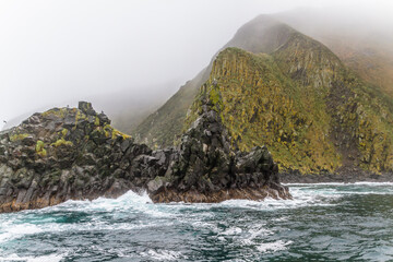 View of the sea bay during bad weather, fog, rain, strong wind