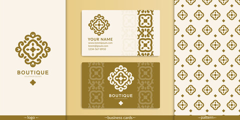 Set of logo, business cards and pattern. Can be used for beauty and fashion industry. Great for emblem, monogram, invitation, flyer, menu, background, or any desired idea.