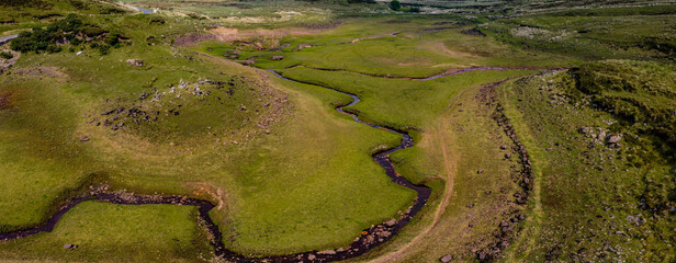 Drone panorama of the small streams that flow into Loughareema 