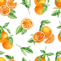 Watercolor orange citrus seamless pattern. Floral summer fruit kids background for textile fabric, wrapping paper, wallpaper decor.