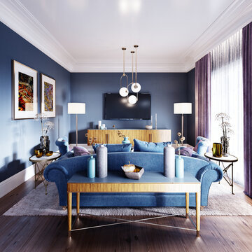 Luxurious Living Room In Art Deco Style In A Fashionable Design, Blue, Brown, Burgundy Color.