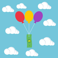 Paper dollar flies with balloons and clouds in the sky. Vector illustration.