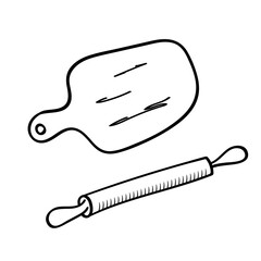 Cutting Board and rolling pin. Kitchen accessory.Vector illustration isolated on a white background. Sketch in Doodle style. 