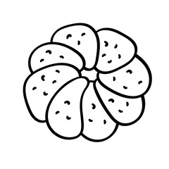 Bun with poppy seeds. Bakery products. Food vector illustration. Outline drawing of white bread in the style of Doodle. Isolated objects on a white background. A hand-drawn element for the design.