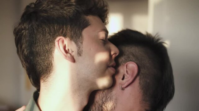 Gay boys couple hugging and kissing in the room. LGBT