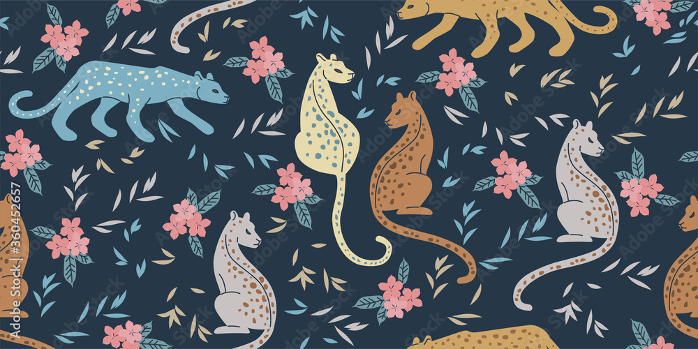 Poster seamless vector pattern with leopards for your projects