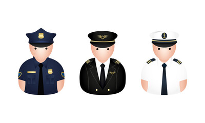 Occupation vector, occupation avatar, white background, policeman, pilot, captain, icon. Vector illustration.