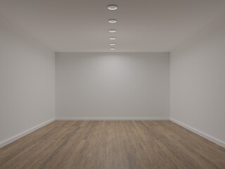 3D rendered illustration of empty room with white walls, wooden floor and ceiling lights, ideal for interior design