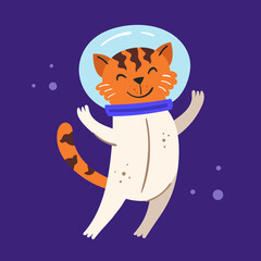 Cosmos vector flat illustration, element, sticker, icon. Isolated on dark background. Animal in outer space. Astronaut, space, pressure suit. Tiger, wild cat. Galaxy, science. Cartoon art for children
