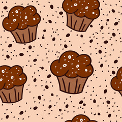 Seamless pattern with chocolate cupcakes. Vector illustration in Doodle style for decorating a pastry shop, restaurant menu, banner, textile.